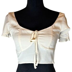 Forever 21 Milkmaid Crop Top Womens Small Cream Flutter Sleeve Sweetheart Tie